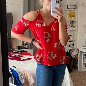 Red Floral Cold-Shoulder Top